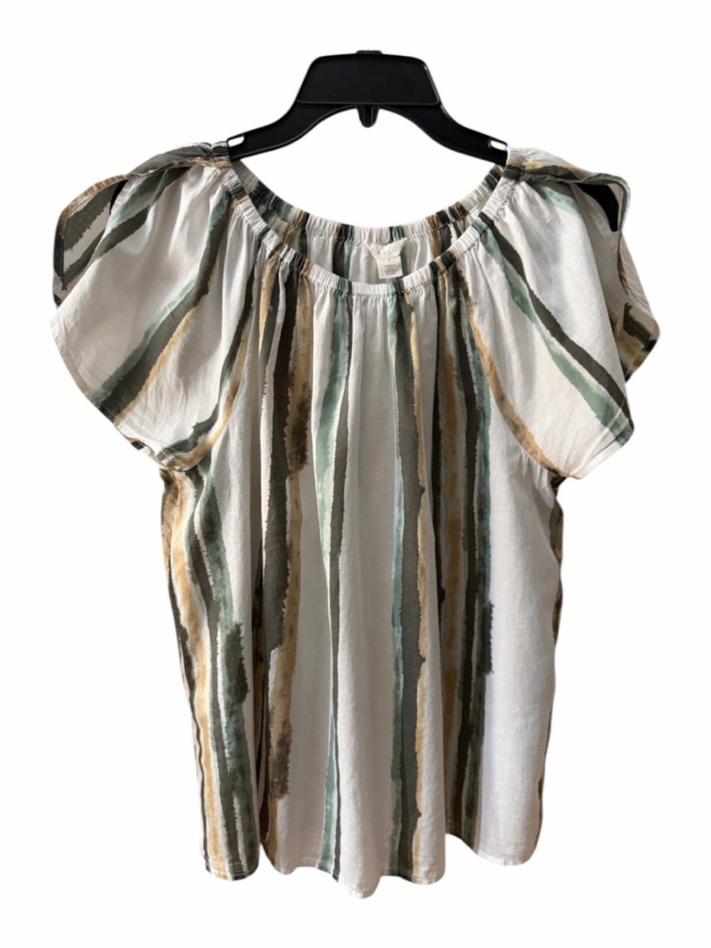 Caslon Women’s White Stripe Off-Shoulder Blouse w/Green and Tan Accents, Medium